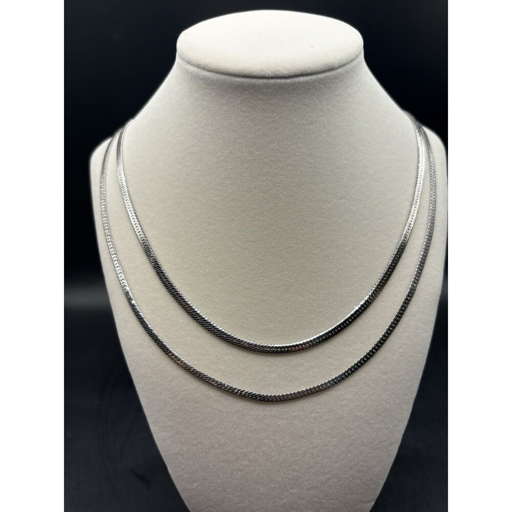 Vintage Silver Tone Herringbone Necklace Flat Chain Necklaces 3mm 24” 30”
